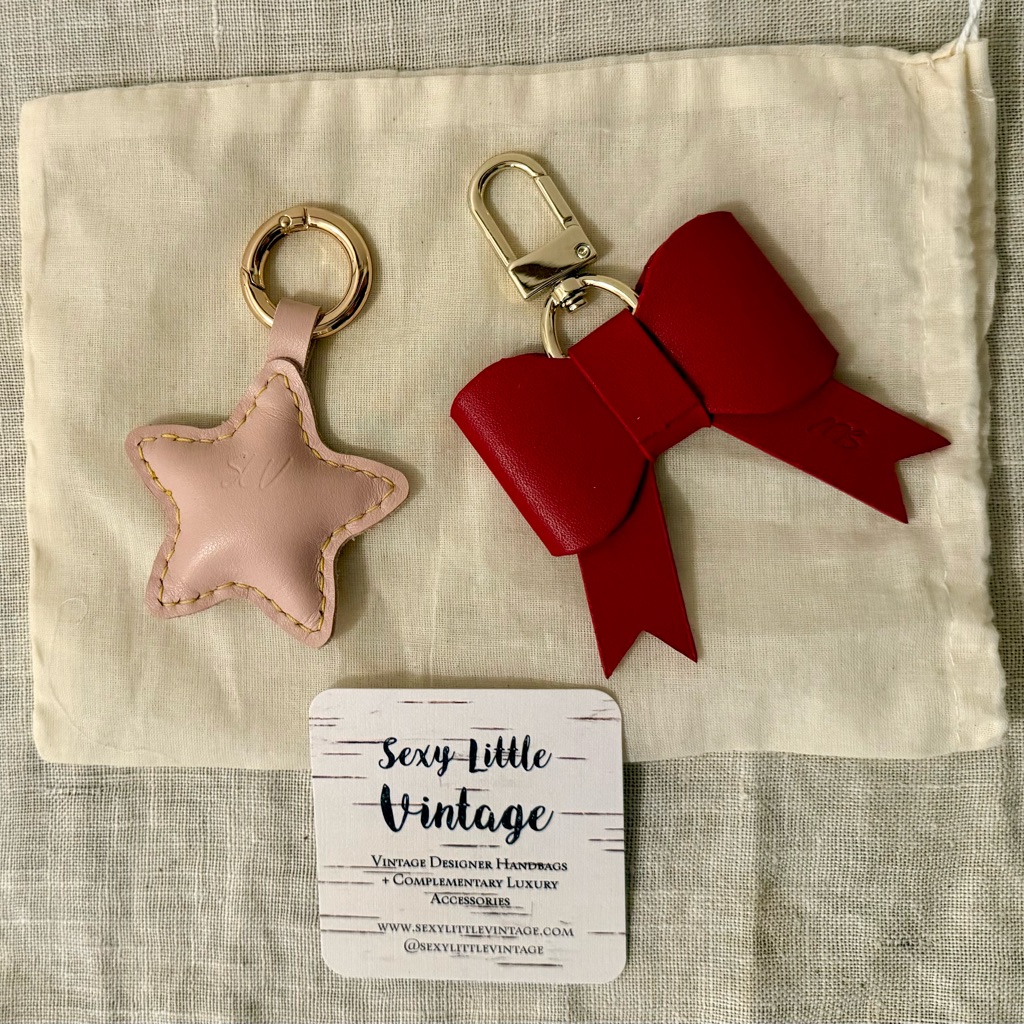 Leather Red Bow And Pink Star Keychain/Bag Charm Set Of 2. New!